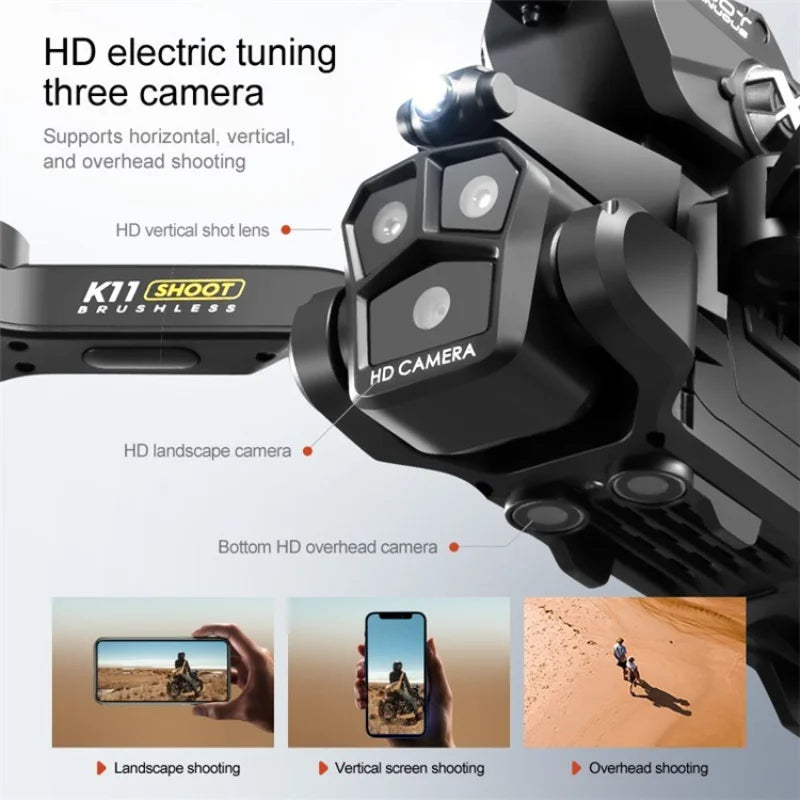 K11 MAX Drone com três câmeras 4K HD, quatro vias, posicionamento de fluxo de obstáculos, prevenção de obstáculos, helicóptero RC óptico, brinquedos, crianças, Gif 