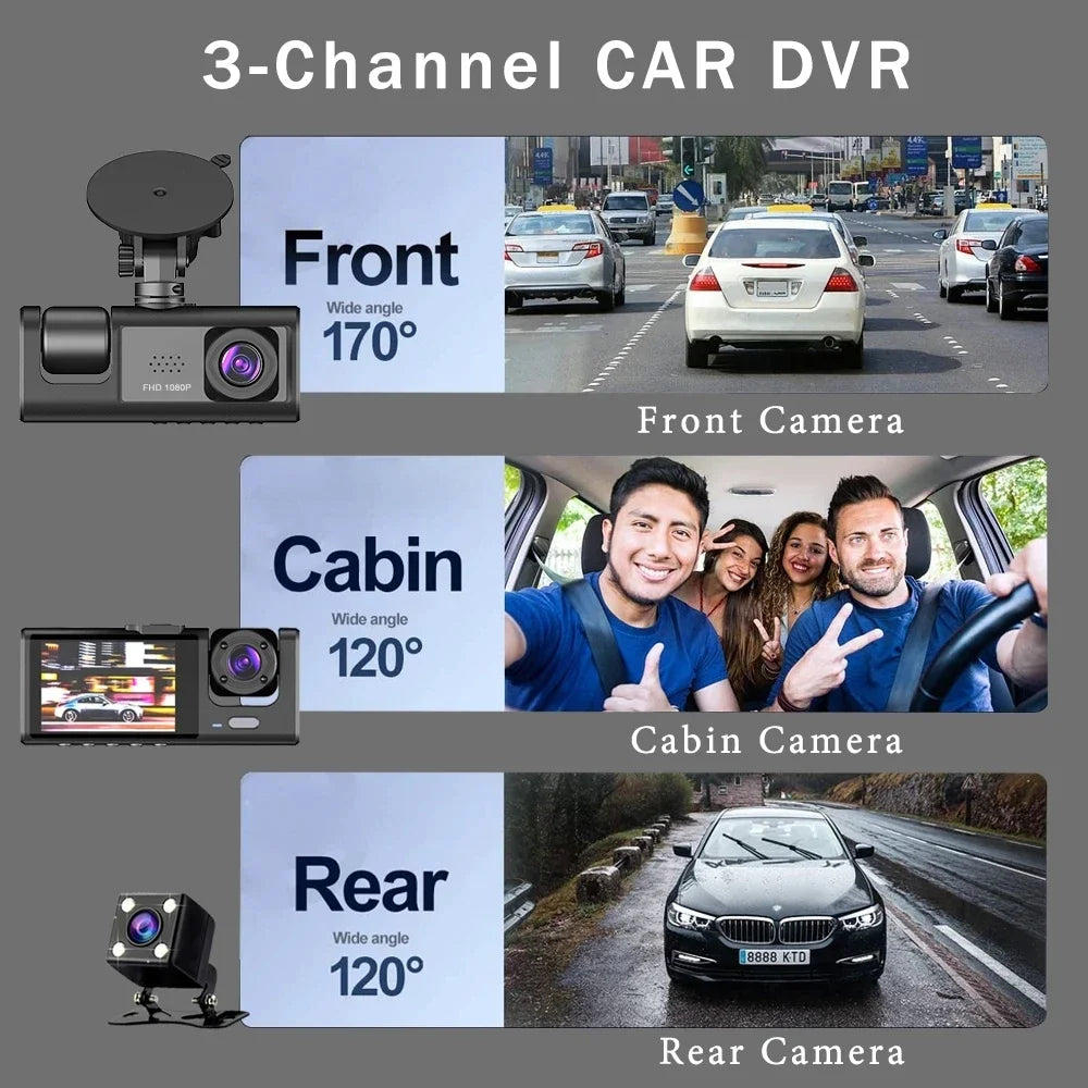 3 Channel Car DVR HD 1080P 3-Lens Inside Vehicle Dash CamThree Way Camera DVRs Recorder Video Registrator Dashcam Camcorder Leedoar