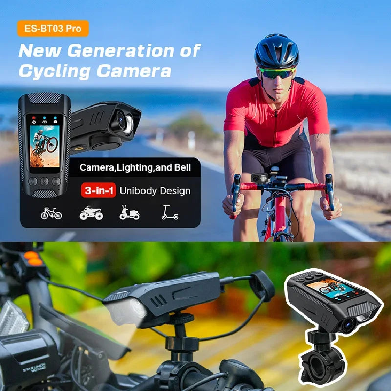 3 in 1 Multifunction Sport DV Dash Cam with Light Horn 4K Bike Helmet Action Camera HD Screen Motorcycle Bicycle Cycling Camera Leedoar