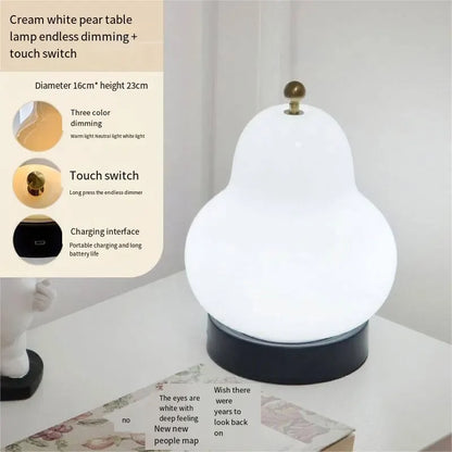 LED Cream Pear Table Lamp Bedroom Bedside Simple Living Room Charging Portable High-end Atmosphere Decoration Small Night Light Leedoar