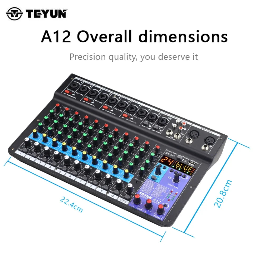 TEYUN A12 Channel Audio Mixer Professional Portable Mixer Sound Table Board Digital MP3 Computer Input 48v Power Number A6 A8 Leedoar