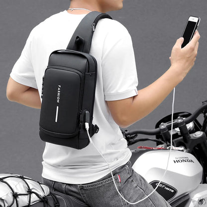 Bolsa de peito multifuncional masculina, bolsa esportiva tipo tiracolo, carregamento USB, antirroubo, com trava de senha para andar de motocicleta, mochilas de peito 