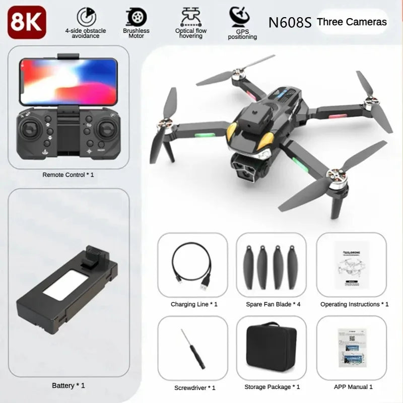 N608S Mini Drone 8K Brushless Três Câmeras Fluxo Óptico 5G WIFI FPV 4K Câmera Dupla Drones RC Quadcopter Dron Mini Drone Brinquedos 