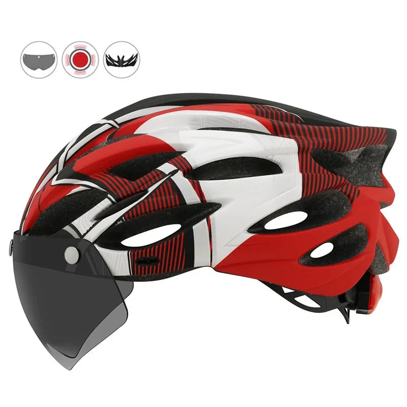 Casco de bicicleta Casco de seguridad para exteriores Casco de bicicleta con lente y ala Luz trasera (CB-26) Accesorios para motocicletas y bicicletas de montaña 