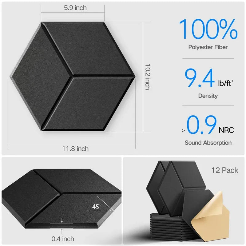 20PCS Hexagonal Self-adhesive Acoustic Panels Y-Lined Design Sound Proof Foam Panels Absorb Noise Eliminate Echoes Black Leedoar