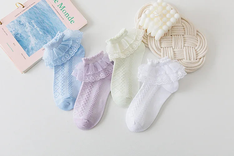 5 Pairs/Lot Girls Socks Summer New Mesh Style Cotton Thin Baby Socks Trendy Elastic White Lace Flowers Children Princess Socks Leedoar