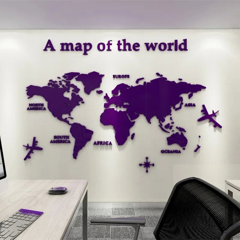 Adesivos de parede de espelho de mapa-múndi acrílico 3D, decoração de fundo de escritório tipo europeu, decoração de parede para sala de estar, quarto