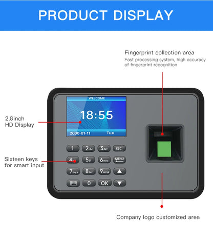 A7 Attendance Machine Password+Fingerprint 2.8 Inch Color Screen No need to download software Intelligent Report Generation Leedoar