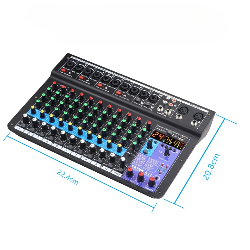 TEYUN A12 Channel Audio Mixer Professional Portable Mixer Sound Table Board Digital MP3 Computer Input 48v Power Number A6 A8 Leedoar