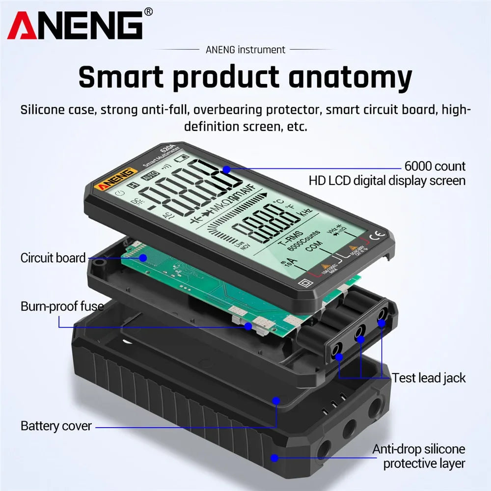 ANENG 620A Digital Multimeter AC/DC Ultraportable LCD Display True-RMS Multimeter Auto-Ranging with Amp Volt Ohm Multi Tester Leedoar