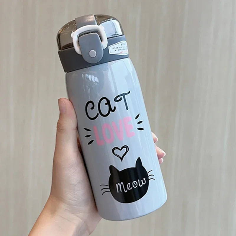 350ml/500ml Criativo Desenho Animado Gato Aço Inoxidável Canudo Garrafa de Vácuo Portátil Caneca Infantil Garrafa Térmica de Viagem Copo de Água 