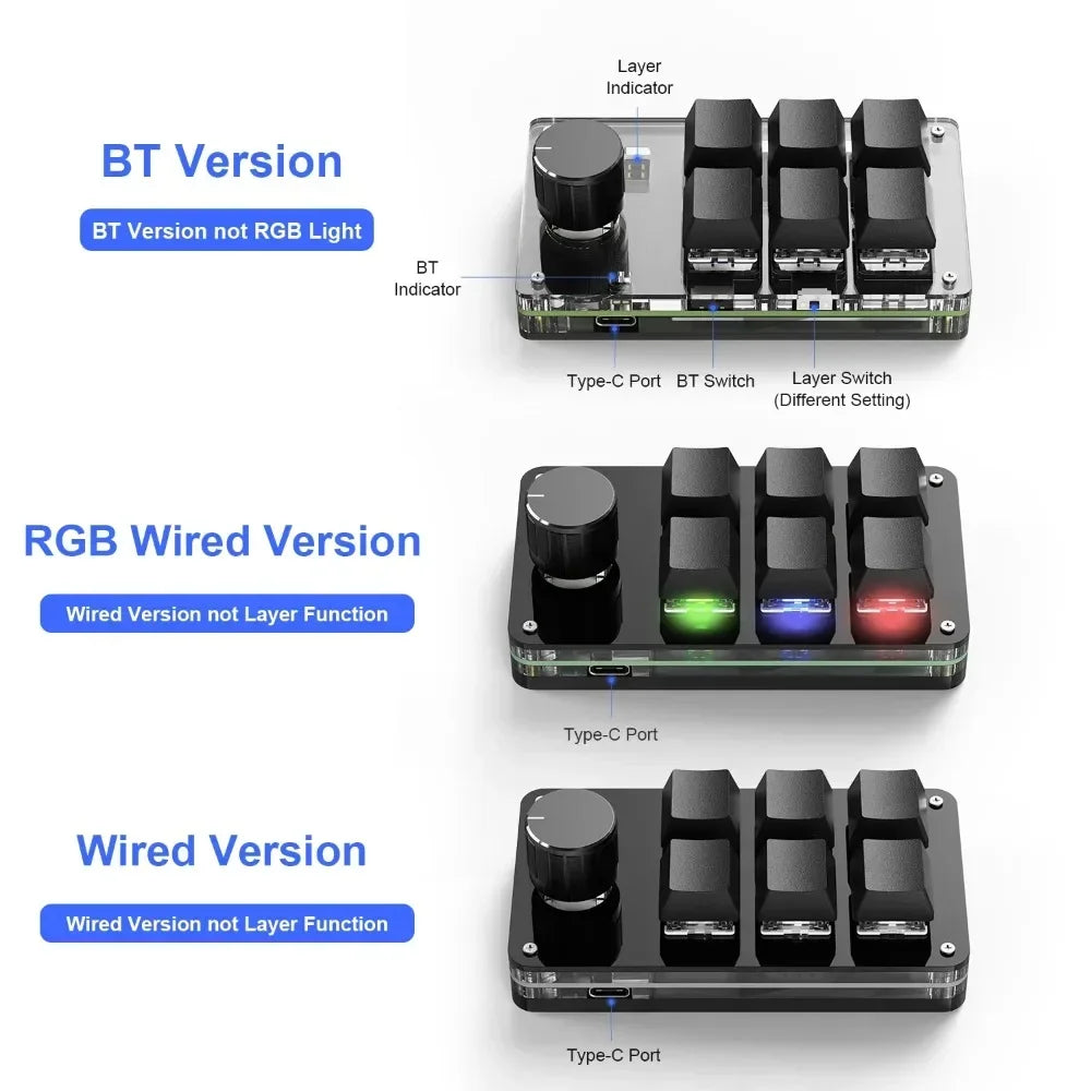 Programación Macro Perilla personalizada Teclado RGB 3 teclas Copiar Pegar Mini botón Photoshop Teclado para juegos Teclado mecánico Hotswap Macropad