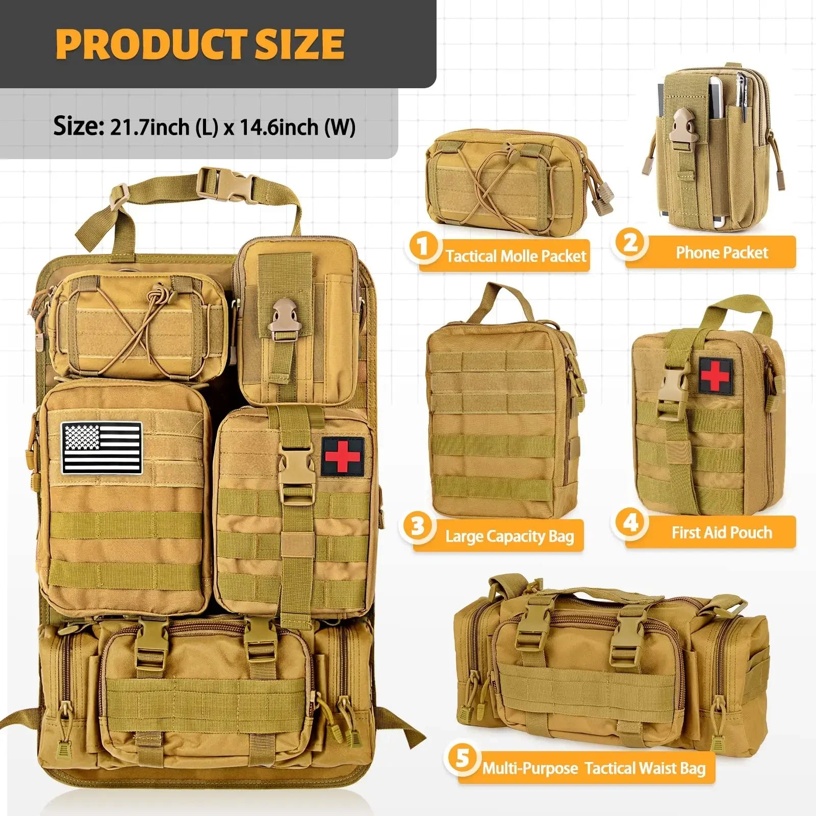 5 Molle Bags Universal Vehicle Panel Organizer Storage Bag Car Seat Back Organizer Tactical Seat Back Organizer Leedoar