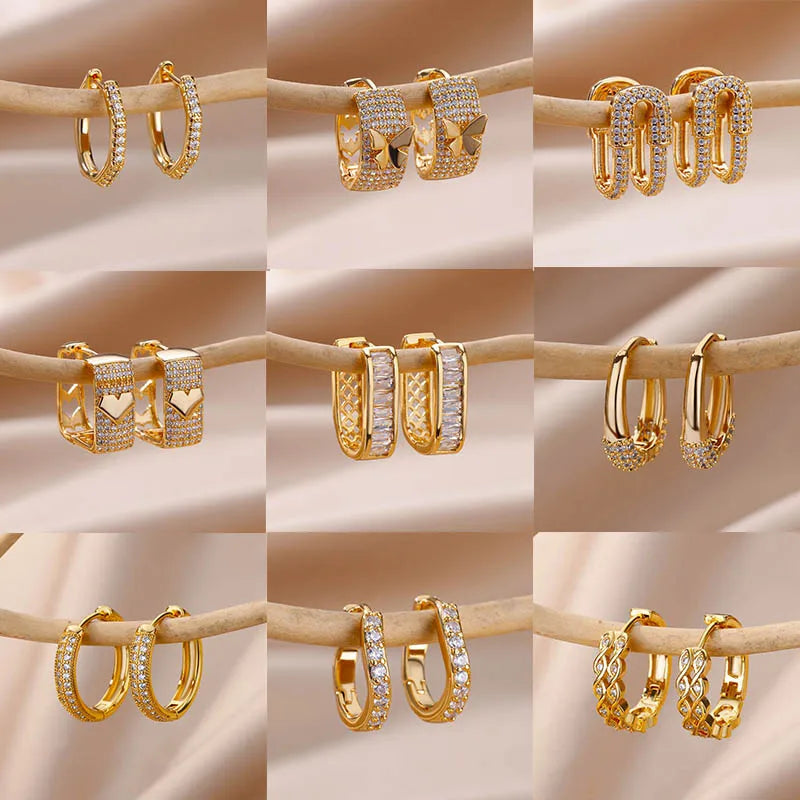 Shiny Zircon Circle Square Hoop Earrings for Women Gold Color Stainless Steel Earrings Luxury Christmas Jewelry Wedding aretes Leedoar