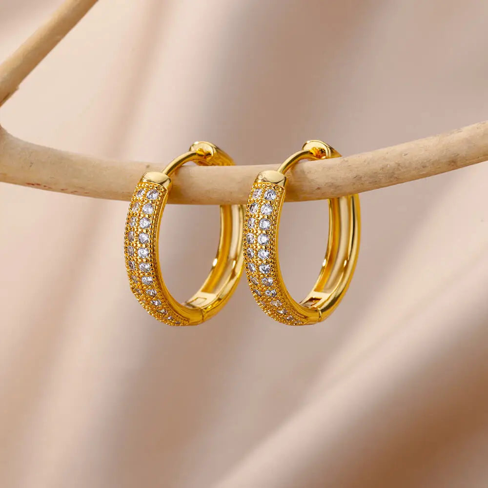 Shiny Zircon Circle Square Hoop Earrings for Women Gold Color Stainless Steel Earrings Luxury Christmas Jewelry Wedding aretes Leedoar