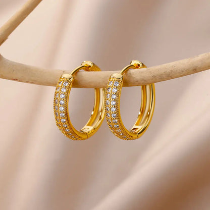 Shiny Zircon Circle Square Hoop Earrings for Women Gold Color Stainless Steel Earrings Luxury Christmas Jewelry Wedding aretes Leedoar