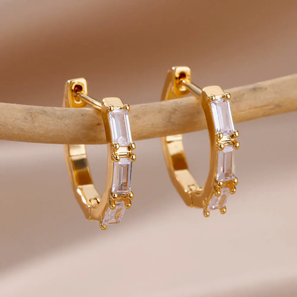 Shiny Zircon Circle Square Hoop Earrings for Women Gold Color Stainless Steel Earrings Luxury Christmas Jewelry Wedding aretes Leedoar