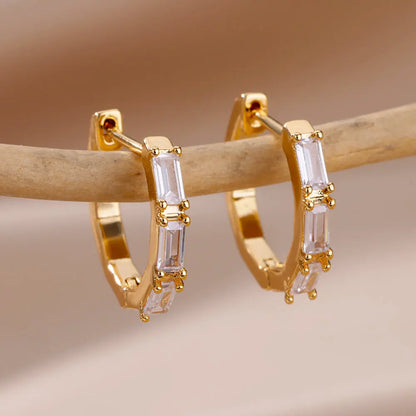 Shiny Zircon Circle Square Hoop Earrings for Women Gold Color Stainless Steel Earrings Luxury Christmas Jewelry Wedding aretes Leedoar