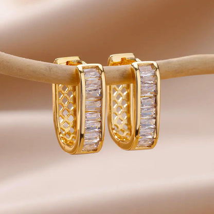 Shiny Zircon Circle Square Hoop Earrings for Women Gold Color Stainless Steel Earrings Luxury Christmas Jewelry Wedding aretes Leedoar