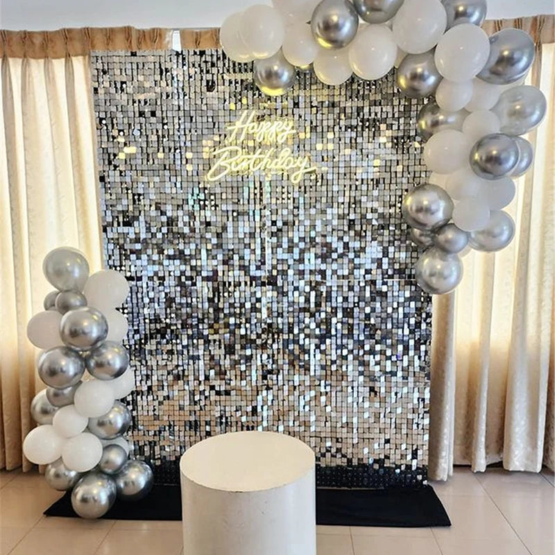 Silver Shimmer Wall Backdrop Panels 18 Panels Square Sequin Backdrop for Wedding Bridal Shower & Bachelorette Party Supplies Leedoar