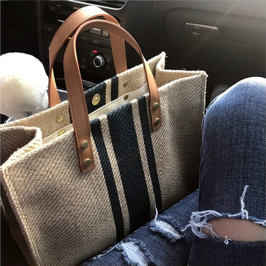 Bolsas de lona simples com listras decorativas, bolsa de mão feminina com alça superior, bolsa tote de grande capacidade, bolsa casual de ombro transversal 