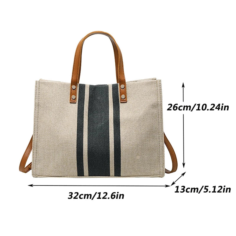 Bolsas de lona simples com listras decorativas, bolsa de mão feminina com alça superior, bolsa tote de grande capacidade, bolsa casual de ombro transversal 