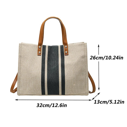 Bolsas de lona simples com listras decorativas, bolsa de mão feminina com alça superior, bolsa tote de grande capacidade, bolsa casual de ombro transversal 