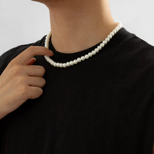 Simple Imitation-Pearl Beaded Short Choker Necklace for Men Trendy White Beaded Chains on Neck Accessories 2024 Fashion Jewelry Leedoar