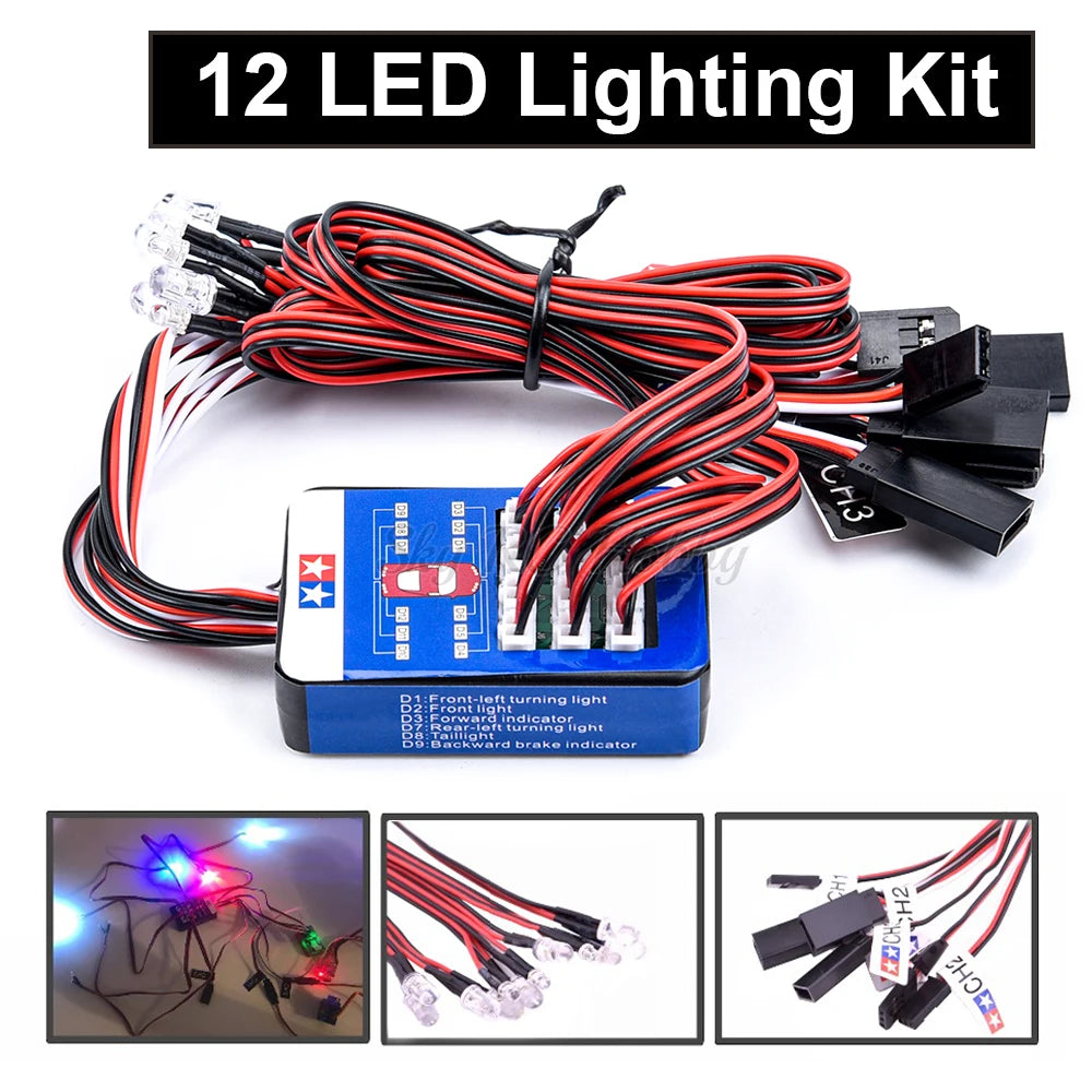 Simulation Flash Light 12 LED Lighting Kit Steering Brake for RC Car 1/10 Scale Models Yokomo Tamiya HSP HPI AXIAL RC4WD TRX Leedoar