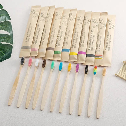 Single Cowhide Wrapped Bamboo Toothbrush Set Natural and Environmentally Friendly Bamboo Toothbrush Tablet One Box of 10 PCS Leedoar