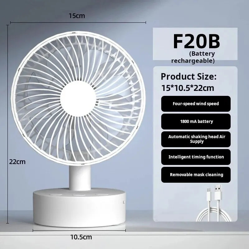 Small Fan White Desktop Timer Mute Four-speed Adjustable Portable Fan Battery Charging Models Detachable Leedoar