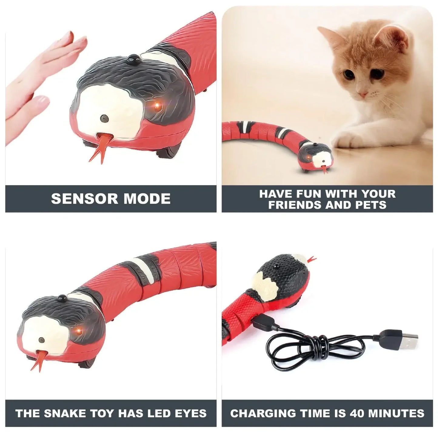 Smart Sensing Cat Toys Interactive Automatic Eletronic Snake Cat Teaser Indoor Play Kitten Toy USB Rechargeable for Cats Kitten Leedoar