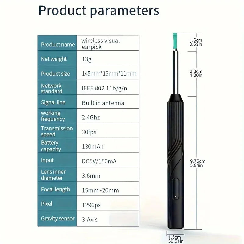 Limpador de ouvido visual inteligente 1296P Ear Sticks Otoscópio USB C Carregamento Endoscópio Ferramenta de remoção de cera Earpick Mini Camera Conjunto de cuidados de saúde 