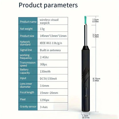 Limpiador de oídos inteligente con pantalla de 1296P, palillos para los oídos, otoscopio, endoscopio con carga USB C, herramienta para eliminar la cera, minicámara para los oídos, kit para el cuidado de la salud 