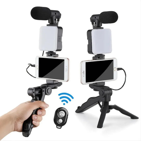 Kit de vlog para smartphone com tripé, suporte para telefone, mini microfone, luz de preenchimento LED, iniciante para transmissão ao vivo de vídeo do TikTok no YouTube 