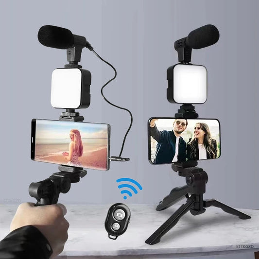 Kit de vlogueo para smartphone con trípode, soporte para teléfono, mini micrófono, luz de relleno LED, para iniciar transmisiones en vivo de TikTok y YouTube 