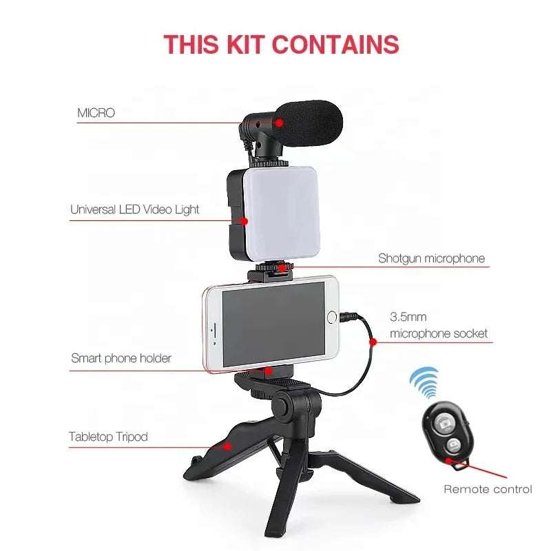 Kit de vlogueo para smartphone con trípode, soporte para teléfono, mini micrófono, luz de relleno LED, para iniciar transmisiones en vivo de TikTok y YouTube 