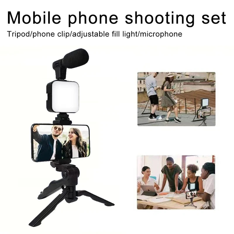 Kit de vlog para smartphone com tripé, suporte para telefone, mini microfone, luz de preenchimento LED, iniciante para transmissão ao vivo de vídeo do TikTok no YouTube 