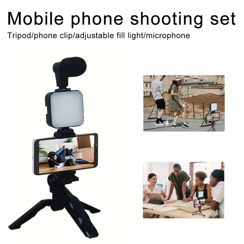 Smartphone Vlogging Kit With Tripod Phone Holder Mini Microphone LED Fill Light Starter For TikTok Live Stream Video YouTube Leedoar