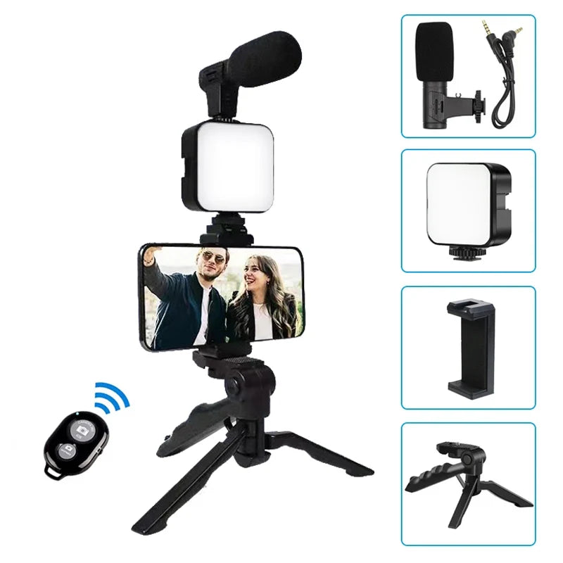 Kit de vlog para smartphone com tripé, suporte para telefone, mini microfone, luz de preenchimento LED, iniciante para transmissão ao vivo de vídeo do TikTok no YouTube 