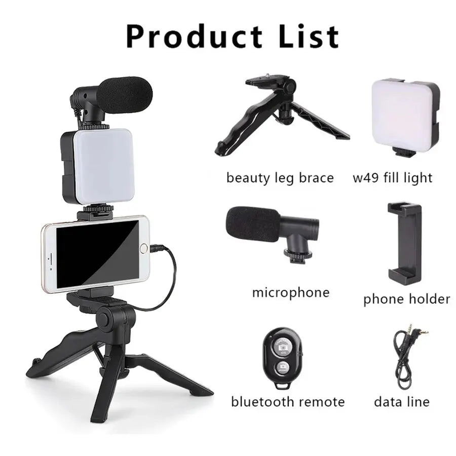 Smartphone Vlogging Kit With Tripod Phone Holder Mini Microphone LED Fill Light Starter For TikTok Live Stream Video YouTube Leedoar