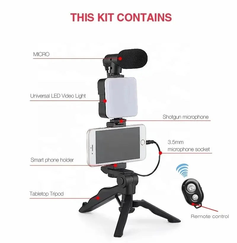 Smartphone Vlogging Kit With Tripod Phone Holder Mini Microphone LED Fill Light Starter For TikTok Live Stream Video YouTube Leedoar