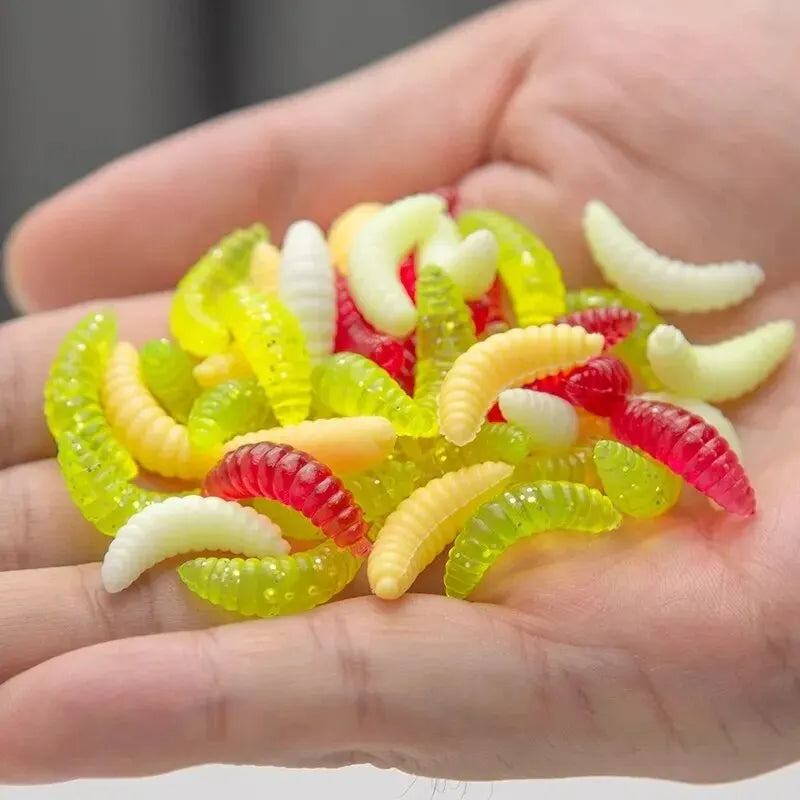 Soft Bait Bread Worm 50 PCS Colorful Bionic Soft Worm Lure Soft Bait Fake Worm Maggot Luminous with Fishy Smell and Musky Smell Leedoar
