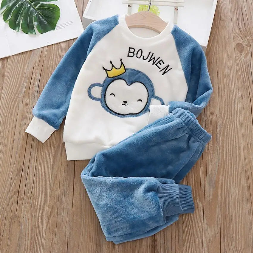 Soft Flannel Leisure Suit For Girls Thick Fleece Pullover Sweater Baby Boys Pants Family Outfit Warm Winter Clothing 2Pcs Set Leedoar