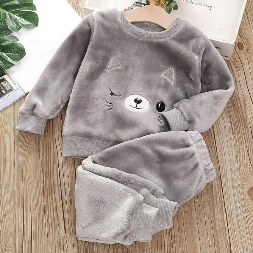 Soft Flannel Leisure Suit For Girls Thick Fleece Pullover Sweater Baby Boys Pants Family Outfit Warm Winter Clothing 2Pcs Set Leedoar