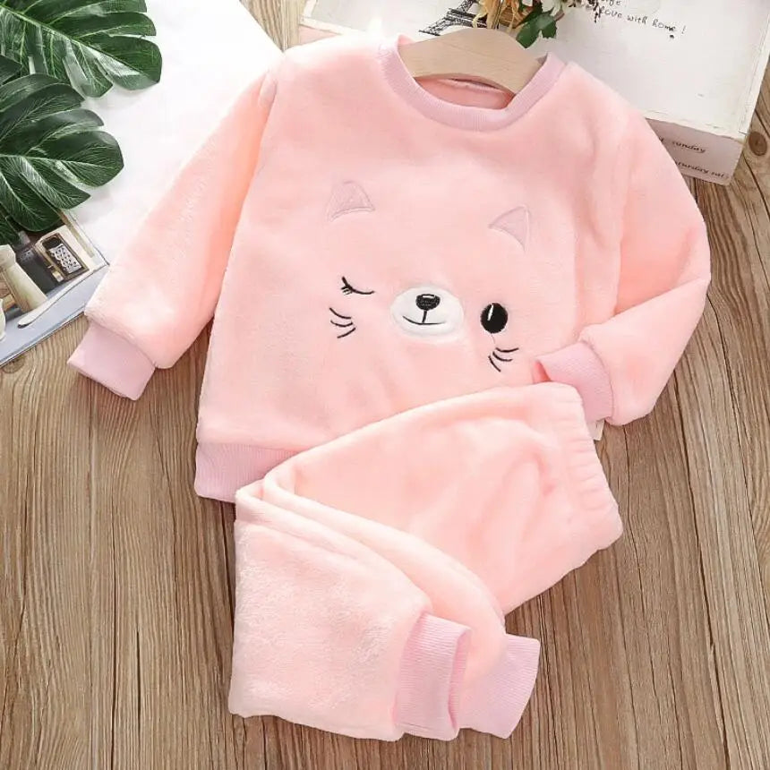 Soft Flannel Leisure Suit For Girls Thick Fleece Pullover Sweater Baby Boys Pants Family Outfit Warm Winter Clothing 2Pcs Set Leedoar