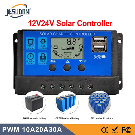 Controlador de panel solar 10A20A30A 12V24V Regulador automático de carga de batería Controlador PWM LCD USB dual para PV doméstico