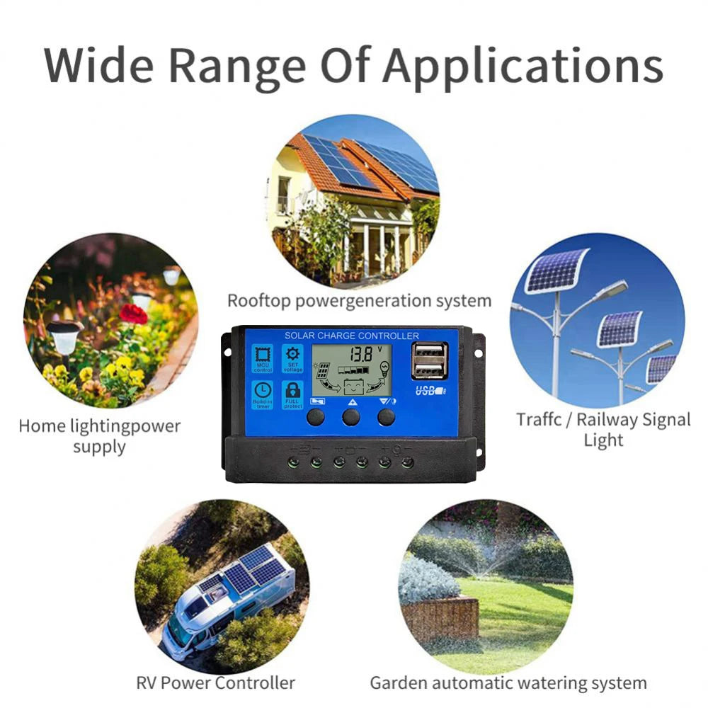 Solar Panel Controller 10A20A30A 12V24V Auto Battery Charge Regulator PWM Controller LCD Dual USB for PV Home Leedoar