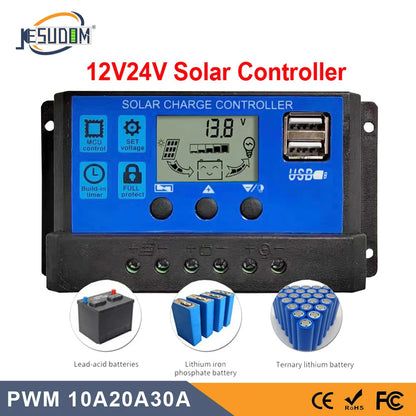 Solar Panel Controller 10A20A30A 12V24V Auto Battery Charge Regulator PWM Controller LCD Dual USB for PV Home Leedoar