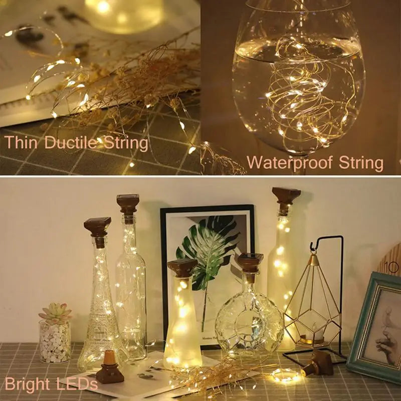 Cadena de luces LED de cobre con forma de corcho y energía solar para decoración de bodas, fiestas y Navidad, con forma de botella de vino 